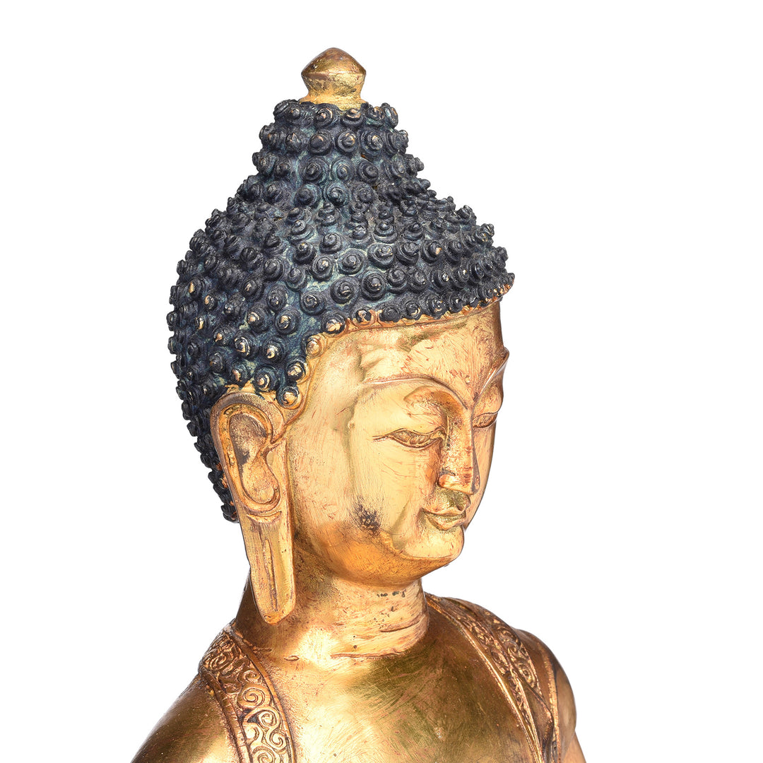 Angled Face Detail From Gilded Statue Of Buddha - Dhyana Mudra Pose | Indigo Antiques