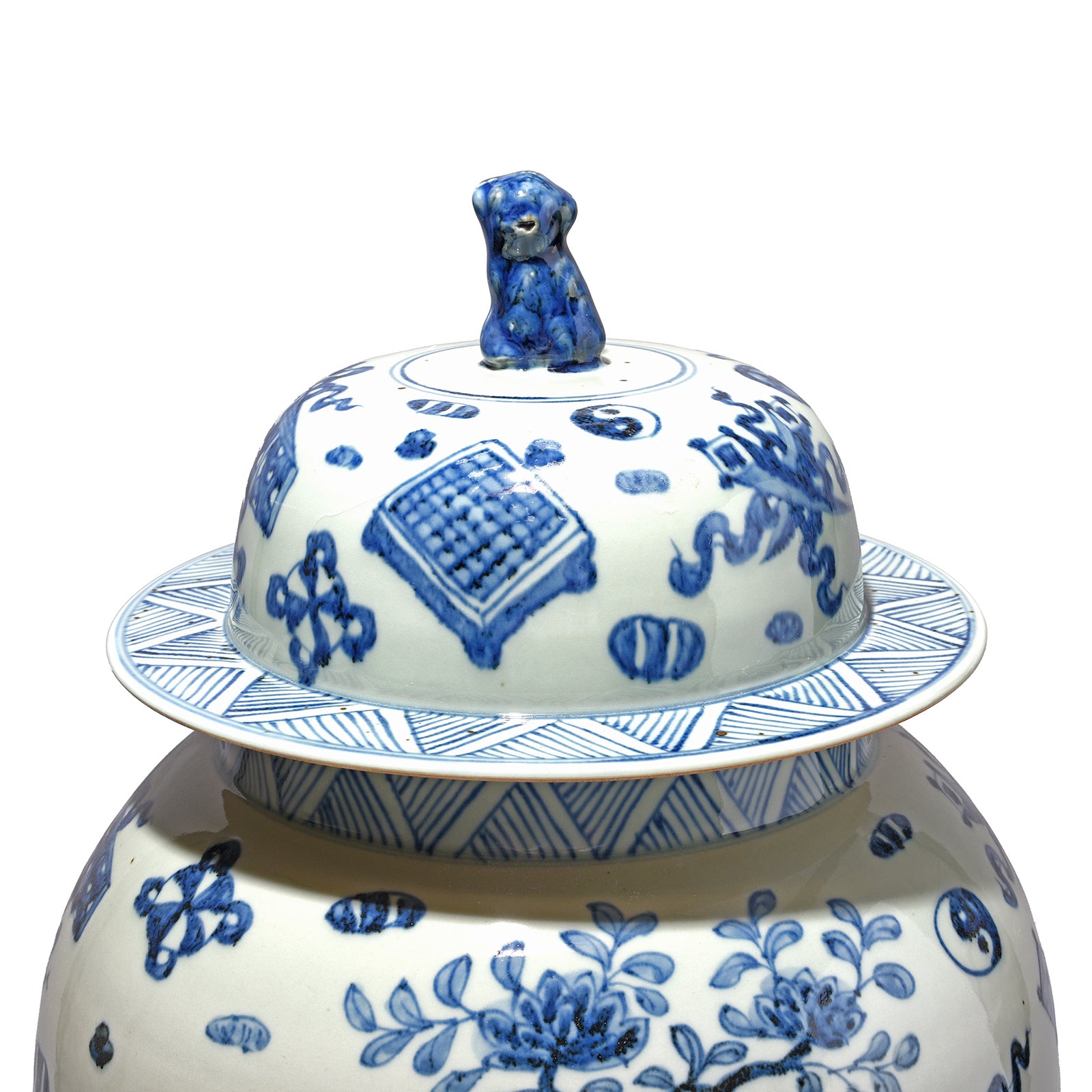 Lid Detail From Blue & White Porcelain Temple Jar - Lucky Symbols Design | Indigo Antiques