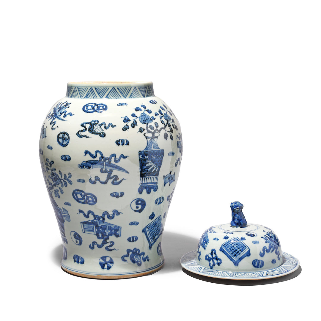 Lid Off And Reverse View Of Blue & White Porcelain Temple Jar - Lucky Symbols Design | Indigo Antiques