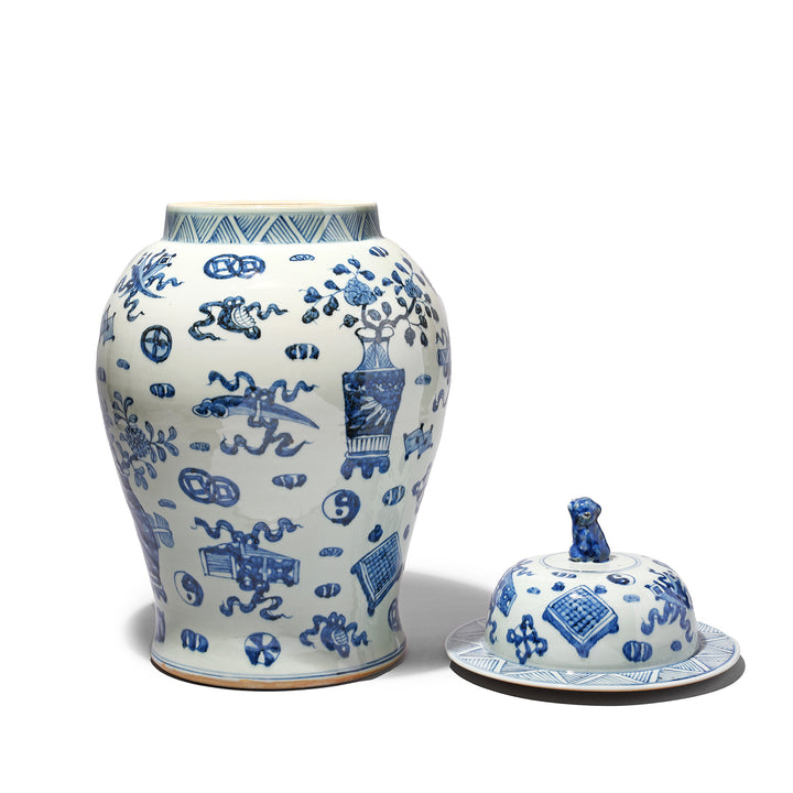 Lid Off And Reverse View Of Blue & White Porcelain Temple Jar - Lucky Symbols Design | Indigo Antiques