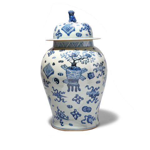 Blue & White Porcelain Temple Jar - Lucky Symbols Design