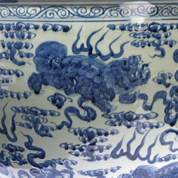 Detail From Blue & White Porcelain Planter - Qilin In Clouds | Indigo Antiques