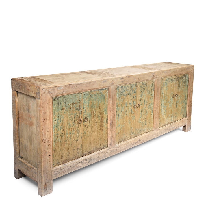 Side detail of a Rustic Reclaimed 6 Door Mongolian Bleached Sideboard | Indigo Antiques