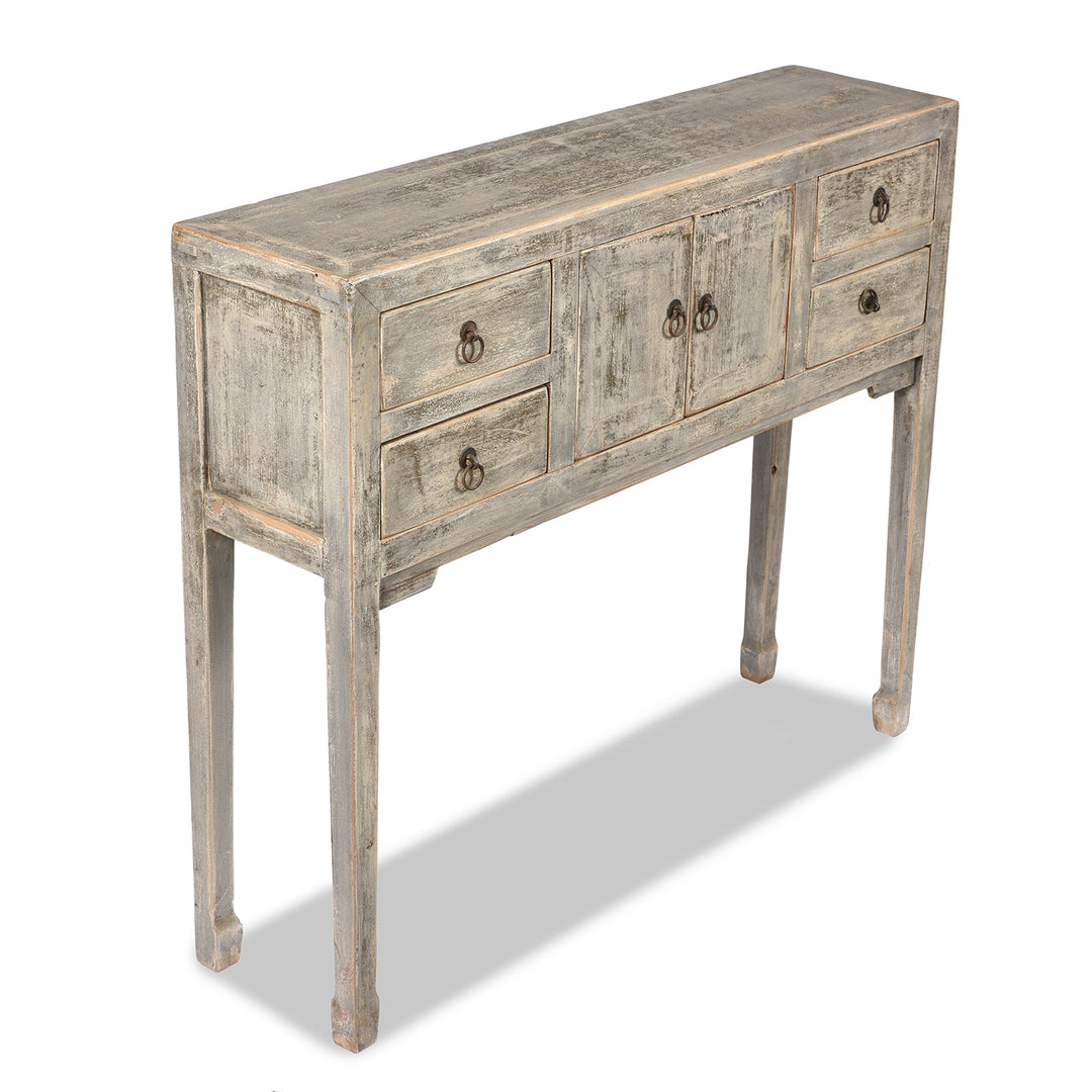 Angled View Of Grey Painted Shandong Style Ladies Console | Indigo Antiques