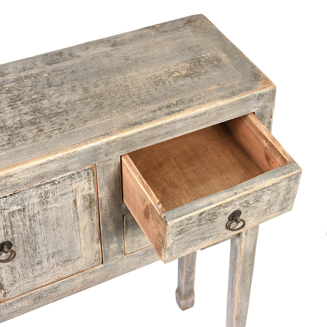 Open Drawer View Of Grey Painted Shandong Style Ladies Console | Indigo Antiques