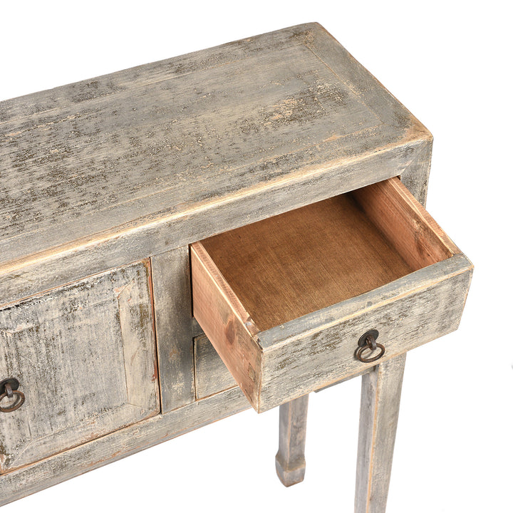 Open Drawer View Of Grey Painted Shandong Style Ladies Console | Indigo Antiques