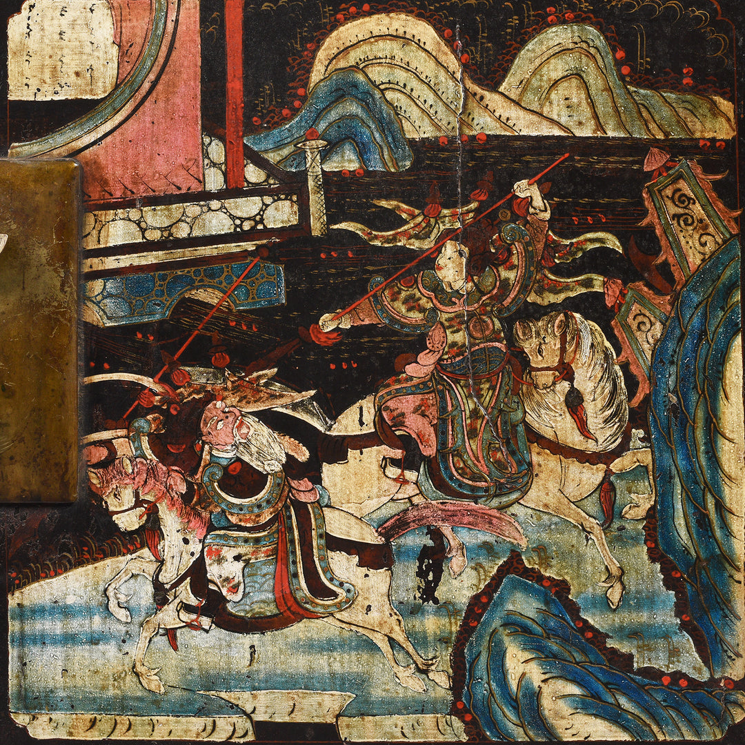 Painting Detail From Black Lacquer Chinese Painted Low Cabinet On Stand From Shanxi - 19thC | Indigo Antiques