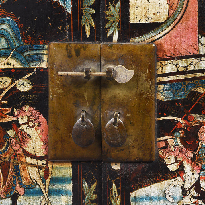 Latch Detail From Black Lacquer Chinese Painted Low Cabinet On Stand From Shanxi - 19thC | Indigo Antiques