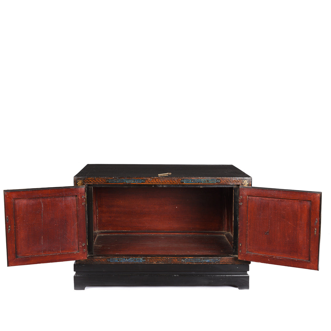 Open Doors View From Black Lacquer Chinese Painted Low Cabinet On Stand From Shanxi - 19thC | Indigo Antiques