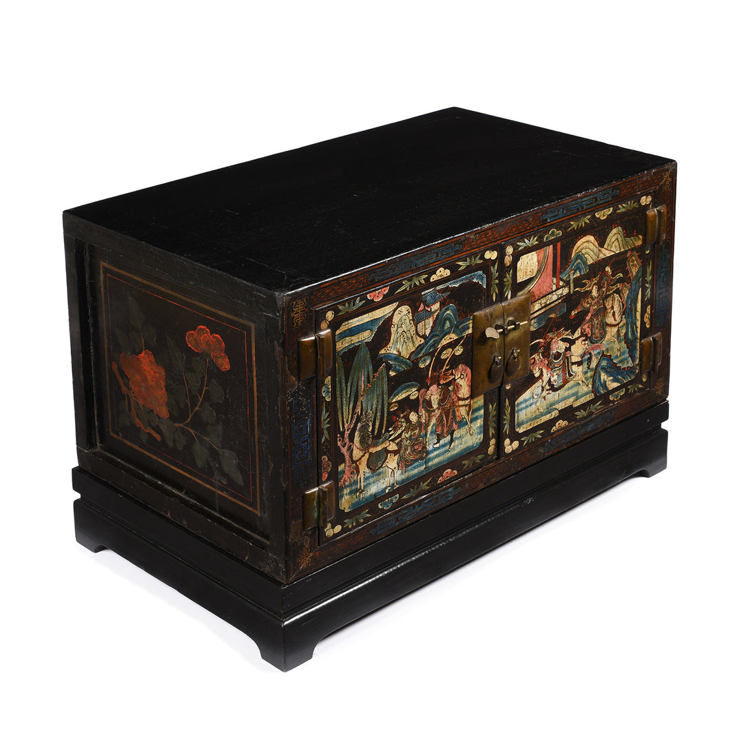 Angled View Of Black Lacquer Chinese Painted Low Cabinet On Stand From Shanxi - 19thC | Indigo Antiques