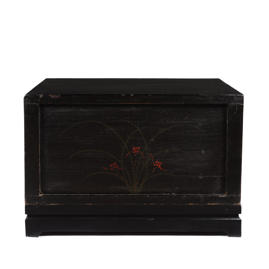 Reverse Of Black Lacquer Chinese Painted Low Cabinet On Stand From Shanxi - 19thC | Indigo Antiques