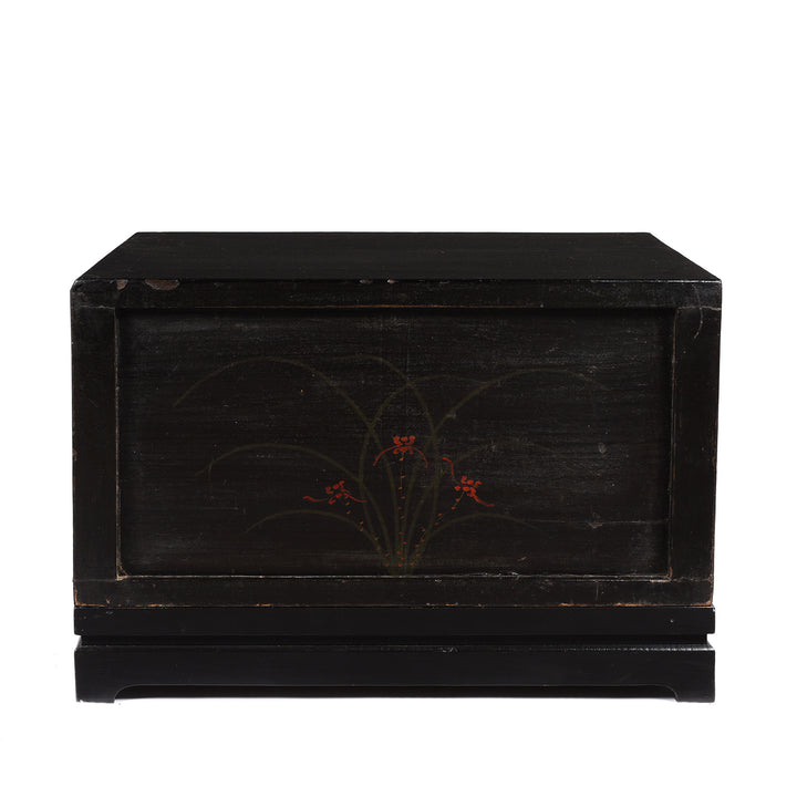 Reverse Of Black Lacquer Chinese Painted Low Cabinet On Stand From Shanxi - 19thC | Indigo Antiques