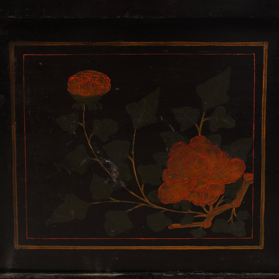 Painting Detail From Black Lacquer Chinese Painted Low Cabinet On Stand From Shanxi - 19thC | Indigo Antiques