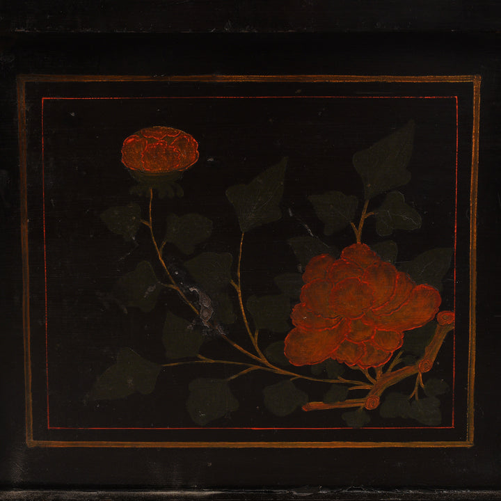 Painting Detail From Black Lacquer Chinese Painted Low Cabinet On Stand From Shanxi - 19thC | Indigo Antiques