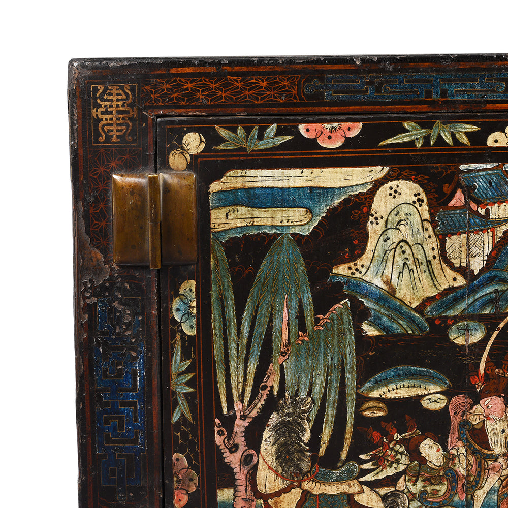 Corner Detail From Black Lacquer Chinese Painted Low Cabinet On Stand From Shanxi - 19thC | Indigo Antiques