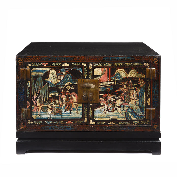 Black Lacquer Chinese Painted Low Cabinet On Stand From Shanxi - 19thC | Indigo Antiques