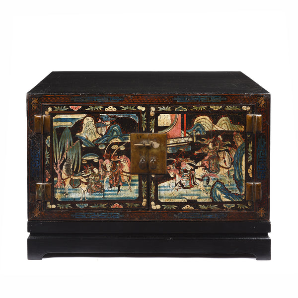 Black Lacquer Painted Low Cabinet On Stand From Shanxi - Early 20thC