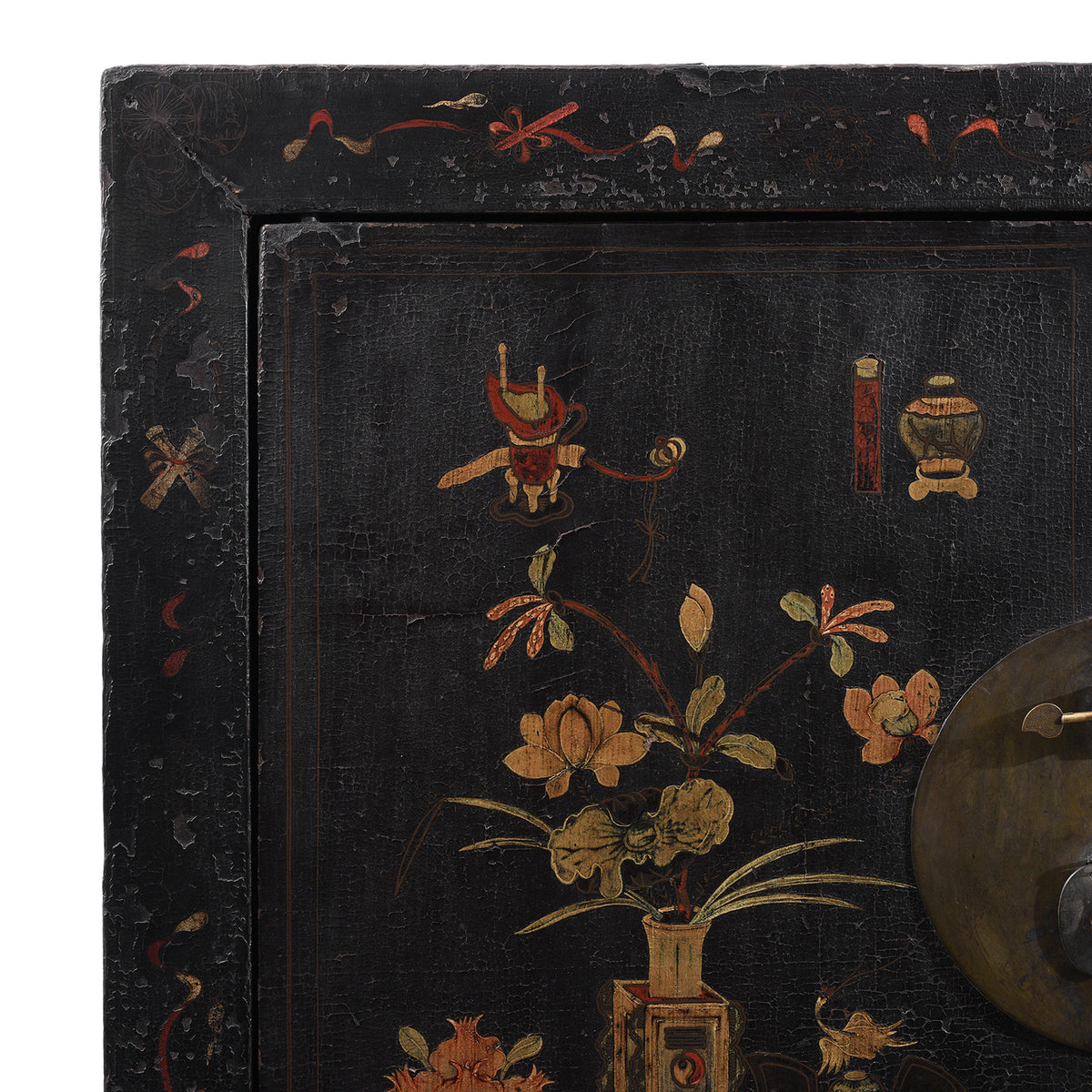 Corner Detail From Antique Chinese Black Lacquer Wedding Cabinet From Shanxi  -19th Century | Indigo Antiques