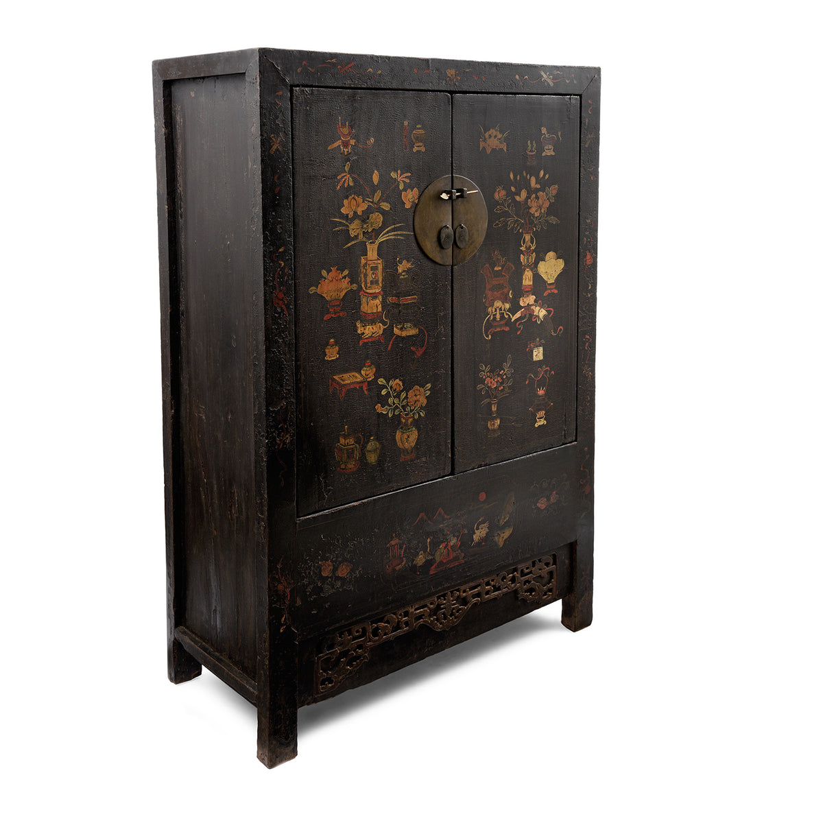 Angled View Of Antique Chinese Black Lacquer Wedding Cabinet From Shanxi  -19th Century | Indigo Antiques