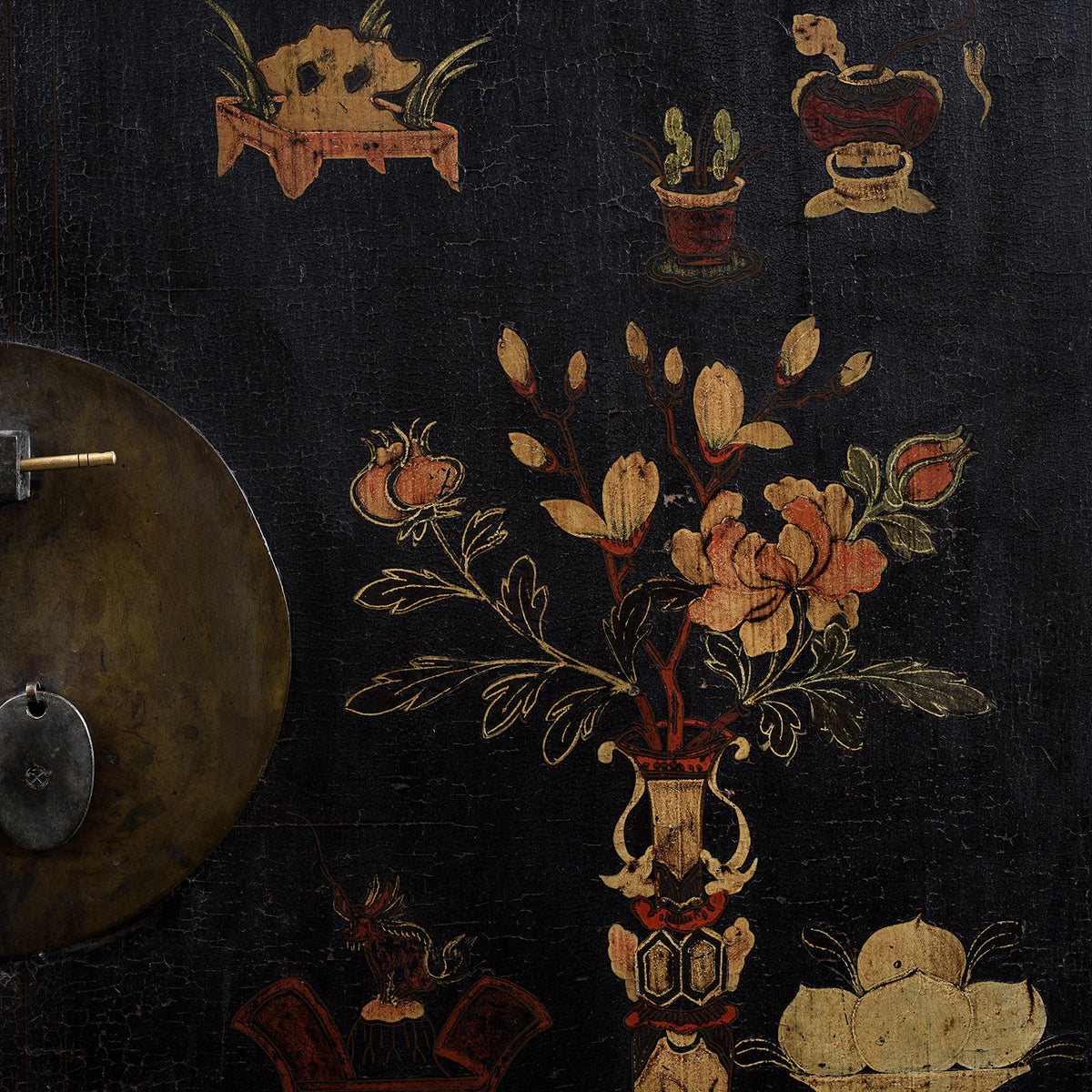 Paintwork Detail From Antique Chinese Black Lacquer Wedding Cabinet From Shanxi  -19th Century | Indigo Antiques