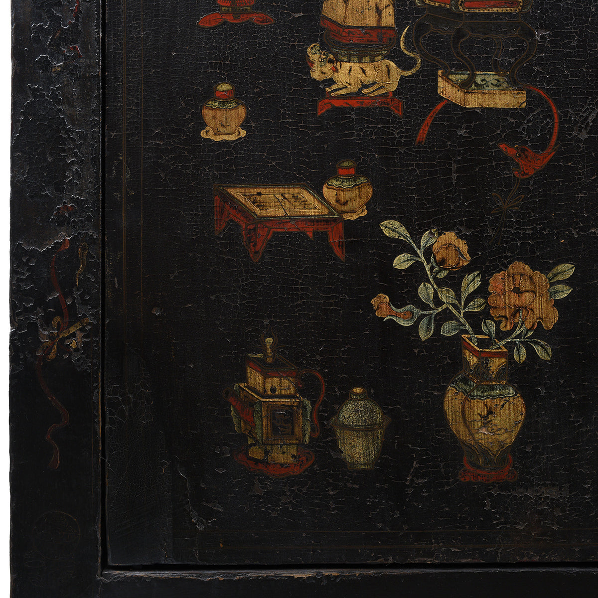 Paintwork Detail From Antique Chinese Black Lacquer Wedding Cabinet From Shanxi  -19th Century | Indigo Antiques