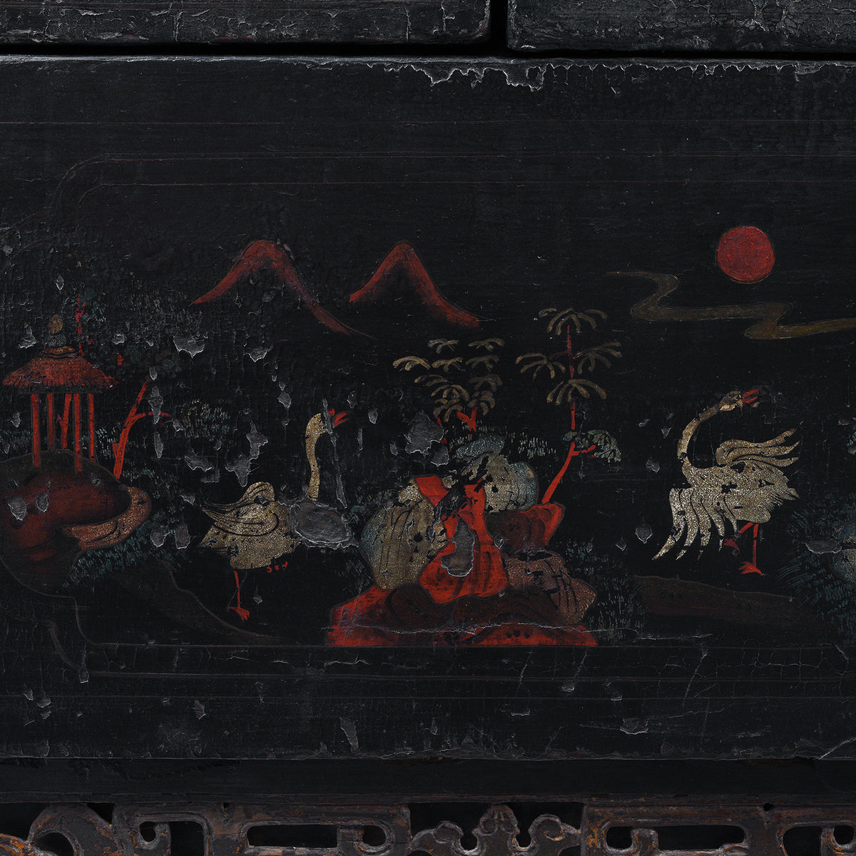 Landscape Scene From Antique Chinese Black Lacquer Wedding Cabinet From Shanxi  -19th Century | Indigo Antiques