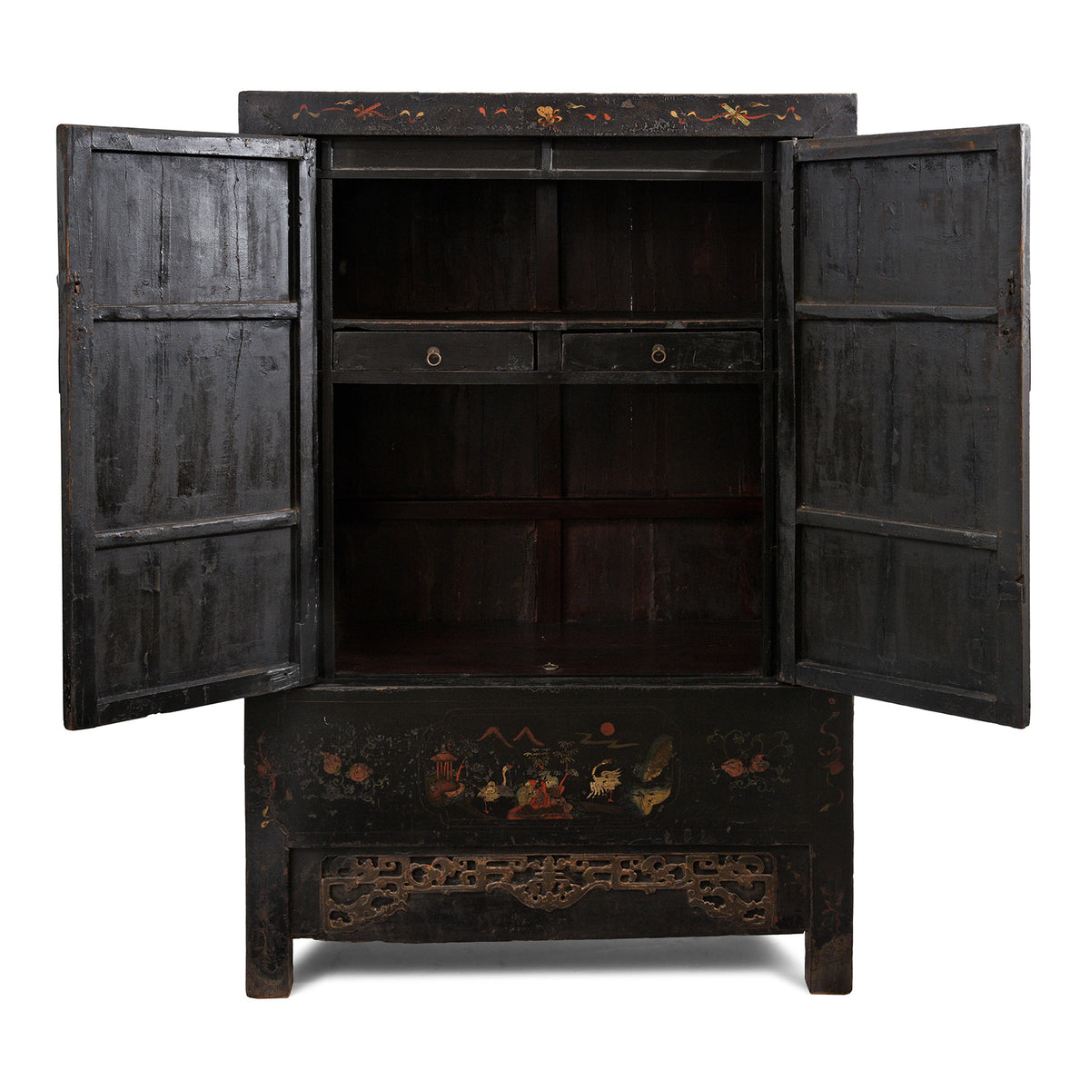 Open Doors View Of Antique Chinese Black Lacquer Wedding Cabinet From Shanxi  -19th Century | Indigo Antiques