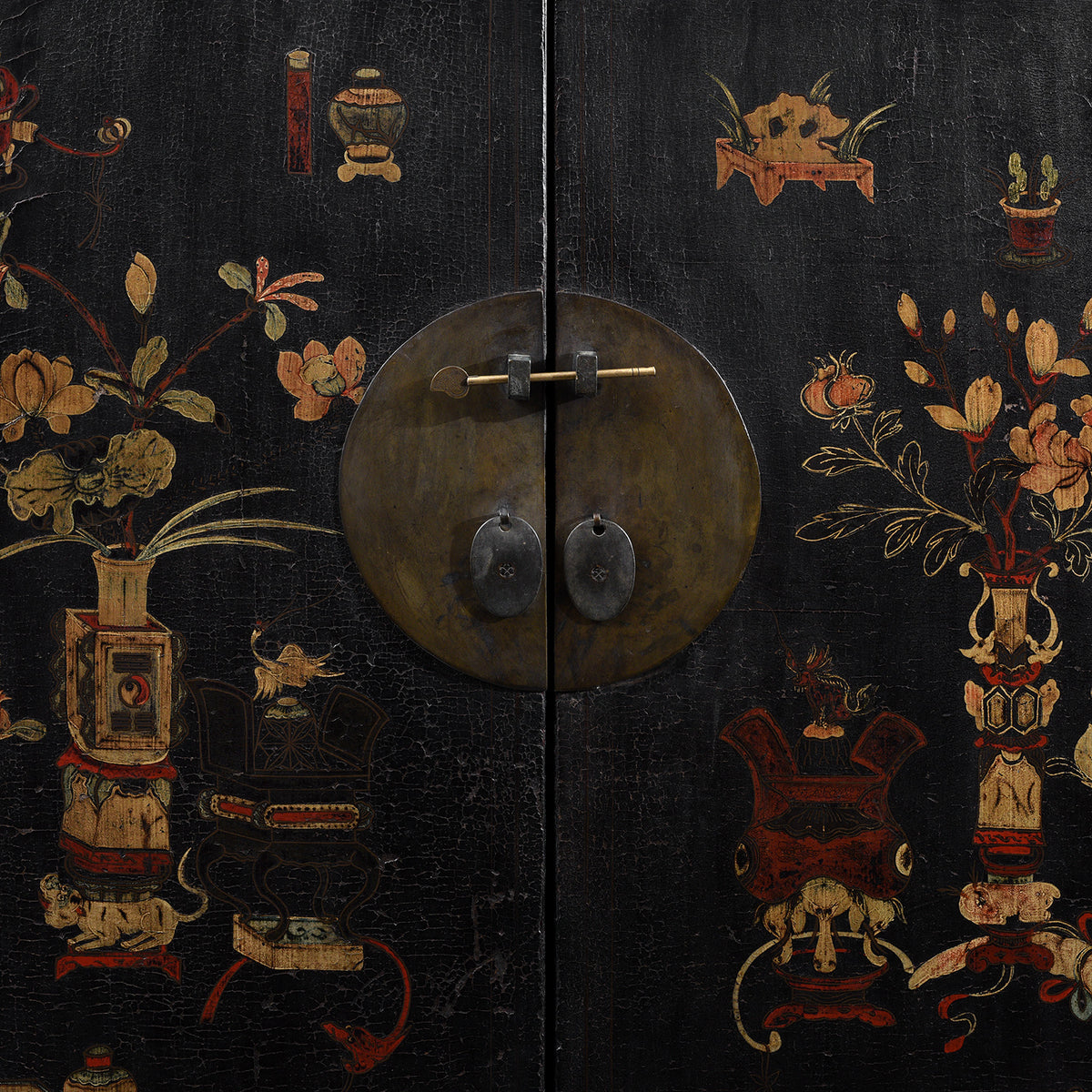 Locking Plate Detail From Antique Chinese Black Lacquer Wedding Cabinet From Shanxi  -19th Century | Indigo Antiques