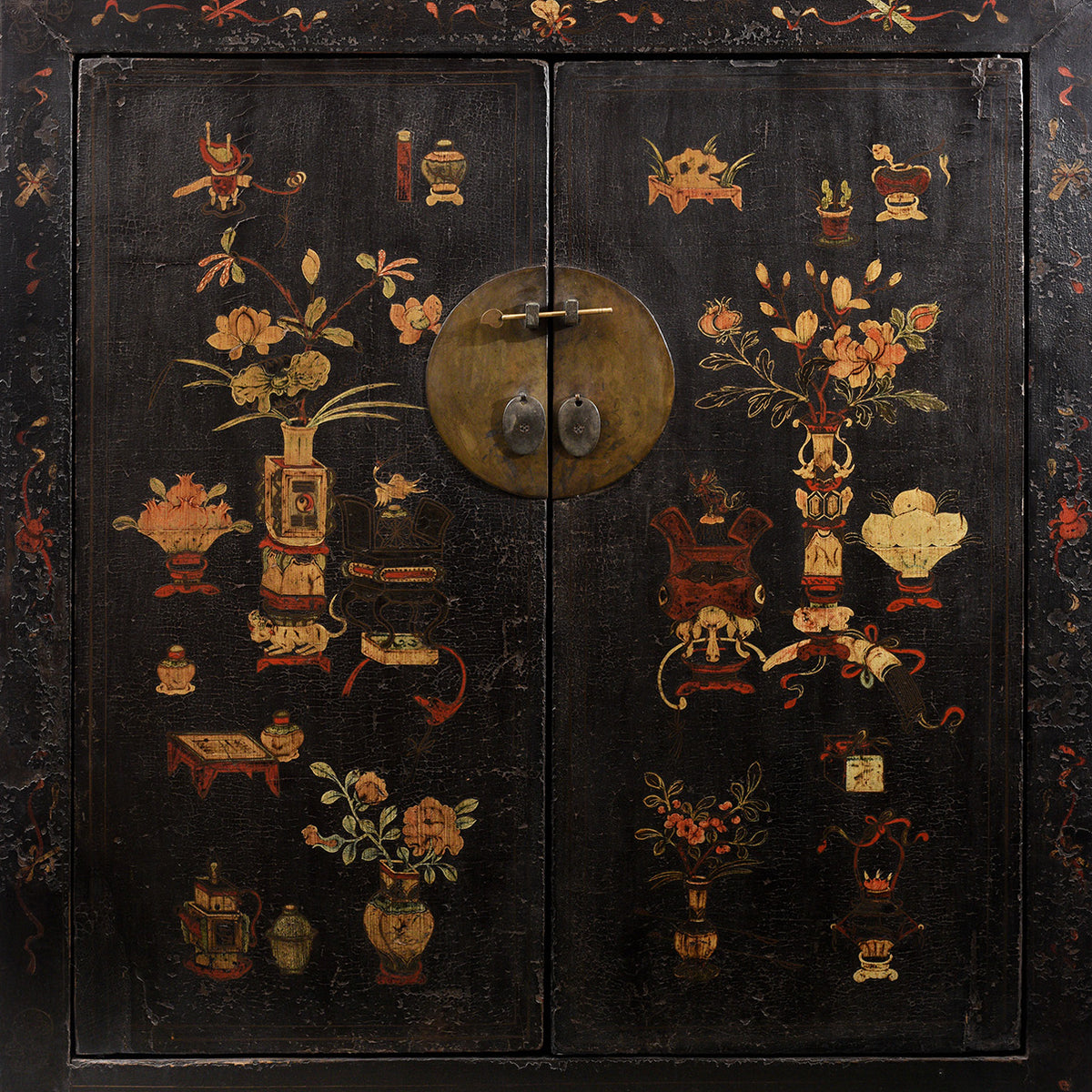 Doors Detail From Antique Chinese Black Lacquer Wedding Cabinet From Shanxi  -19th Century | Indigo Antiques