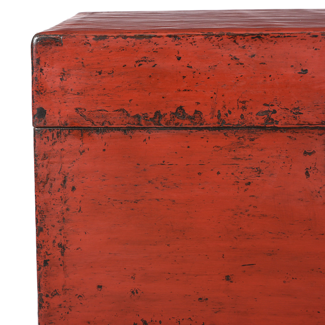 Red Lacquer corner detail on an Antique Chinese Red Lacquer Leather Trunk From Shanghai - Ca 1920 | Indigo Antiques