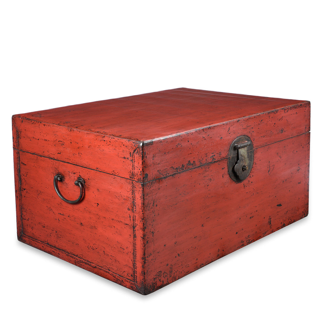 Antique Chinese Red Lacquer Leather Trunk From Shanghai - Ca 1920 | Indigo Antiques