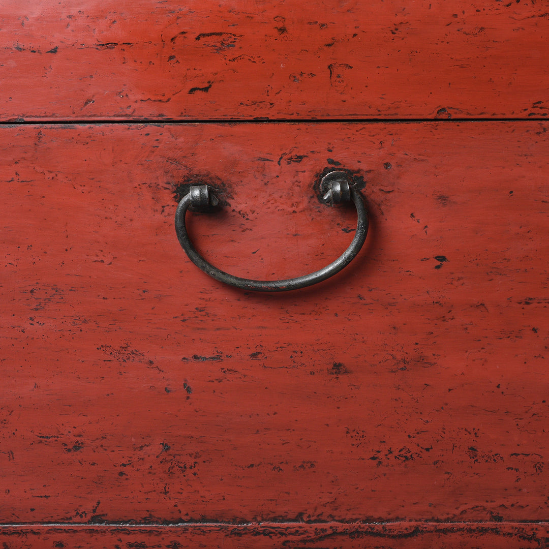 Handle Detail on an Antique Chinese Red Lacquer Leather Trunk From Shanghai - Ca 1920 | Indigo Antiques
