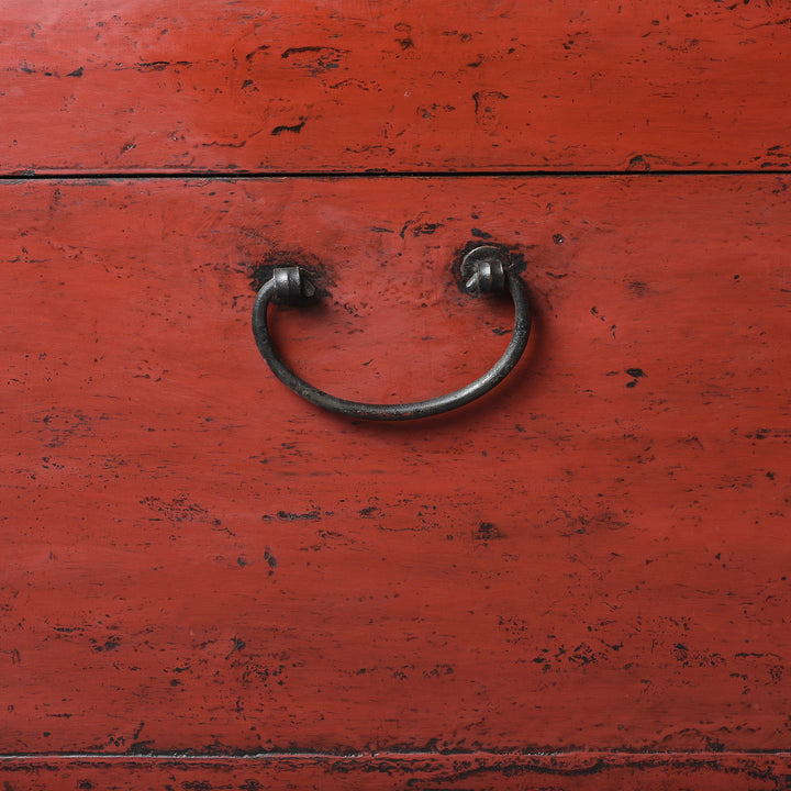 Handle Detail on an Antique Chinese Red Lacquer Leather Trunk From Shanghai - Ca 1920 | Indigo Antiques