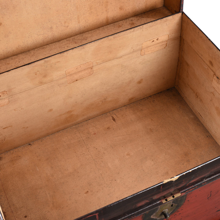 Open detail on an Antique Chinese Red Lacquer Leather Trunk From Shanghai - Ca 1920 | Indigo Antiques