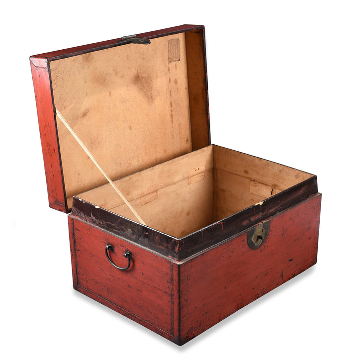 Open Detail of an Antique Chinese Red Lacquer Leather Trunk From Shanghai - Ca 1920 | Indigo Antiques