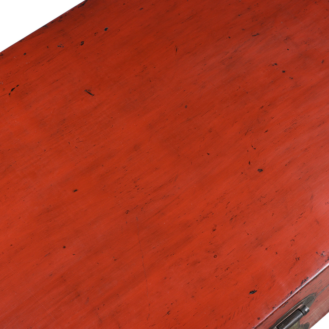 Red Lacquer top of a Antique Chinese Red Lacquer Leather Trunk From Shanghai - Ca 1920 | Indigo Antiques