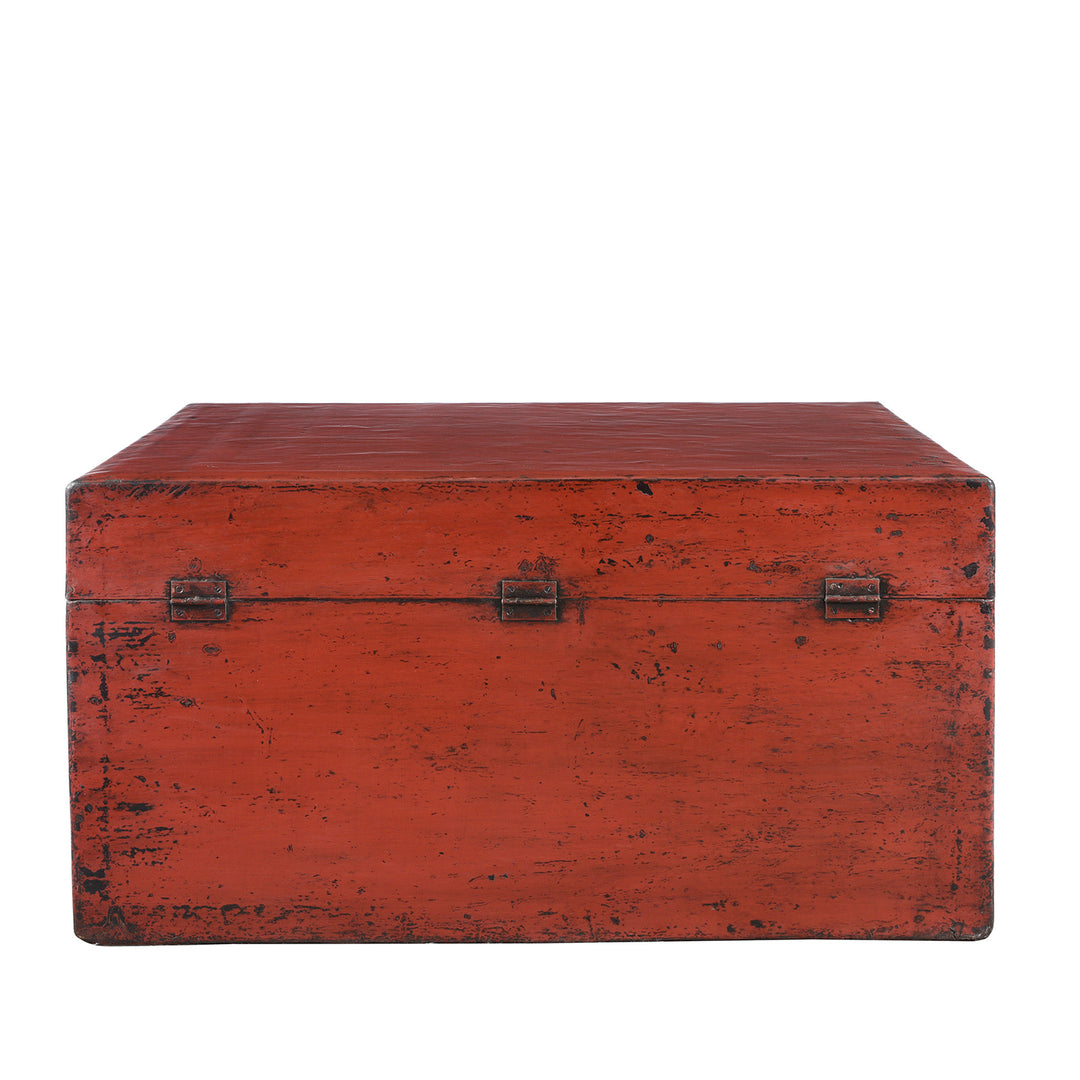 Reverse hinges on an Antique Chinese Red Lacquer Leather Trunk From Shanghai - Ca 1920 | Indigo Antiques