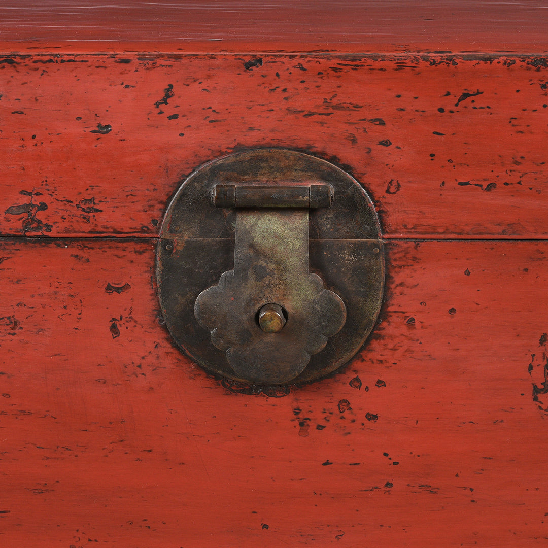 Original Chinese Brass Hardware on an Antique Chinese Red Lacquer Leather Trunk From Shanghai - Ca 1920 | Indigo Antiques