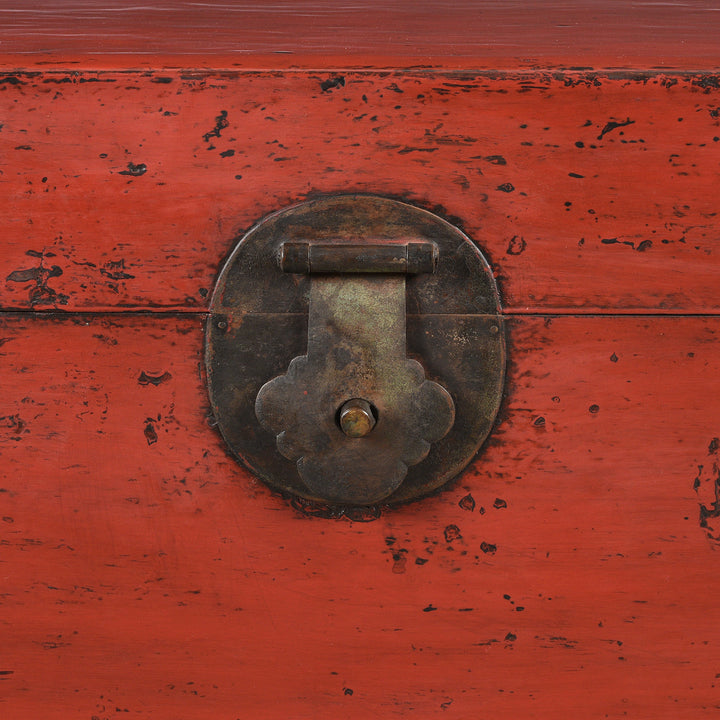 Original Chinese Brass Hardware on an Antique Chinese Red Lacquer Leather Trunk From Shanghai - Ca 1920 | Indigo Antiques