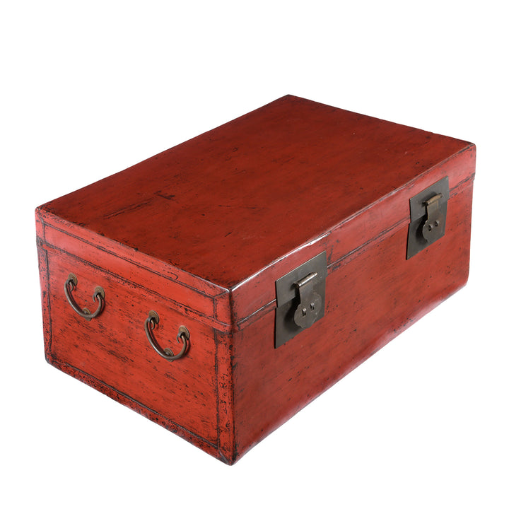 Angled View Of Antique Red Leather Chinese Trunk And Stand From Shanghai - Early 20thC | Indigo Antiques