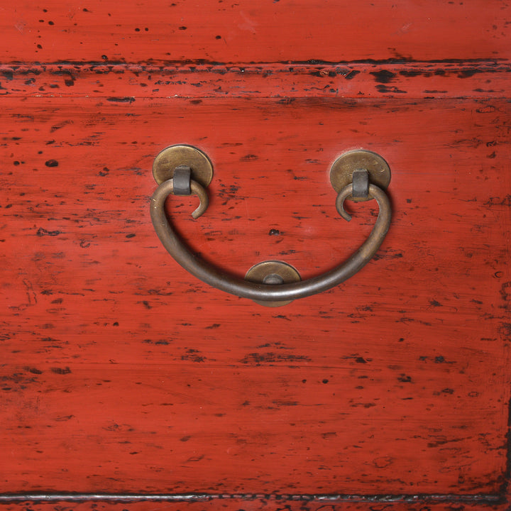 Handle Detail From Antique Red Leather Chinese Trunk And Stand From Shanghai - Early 20thC | Indigo Antiques
