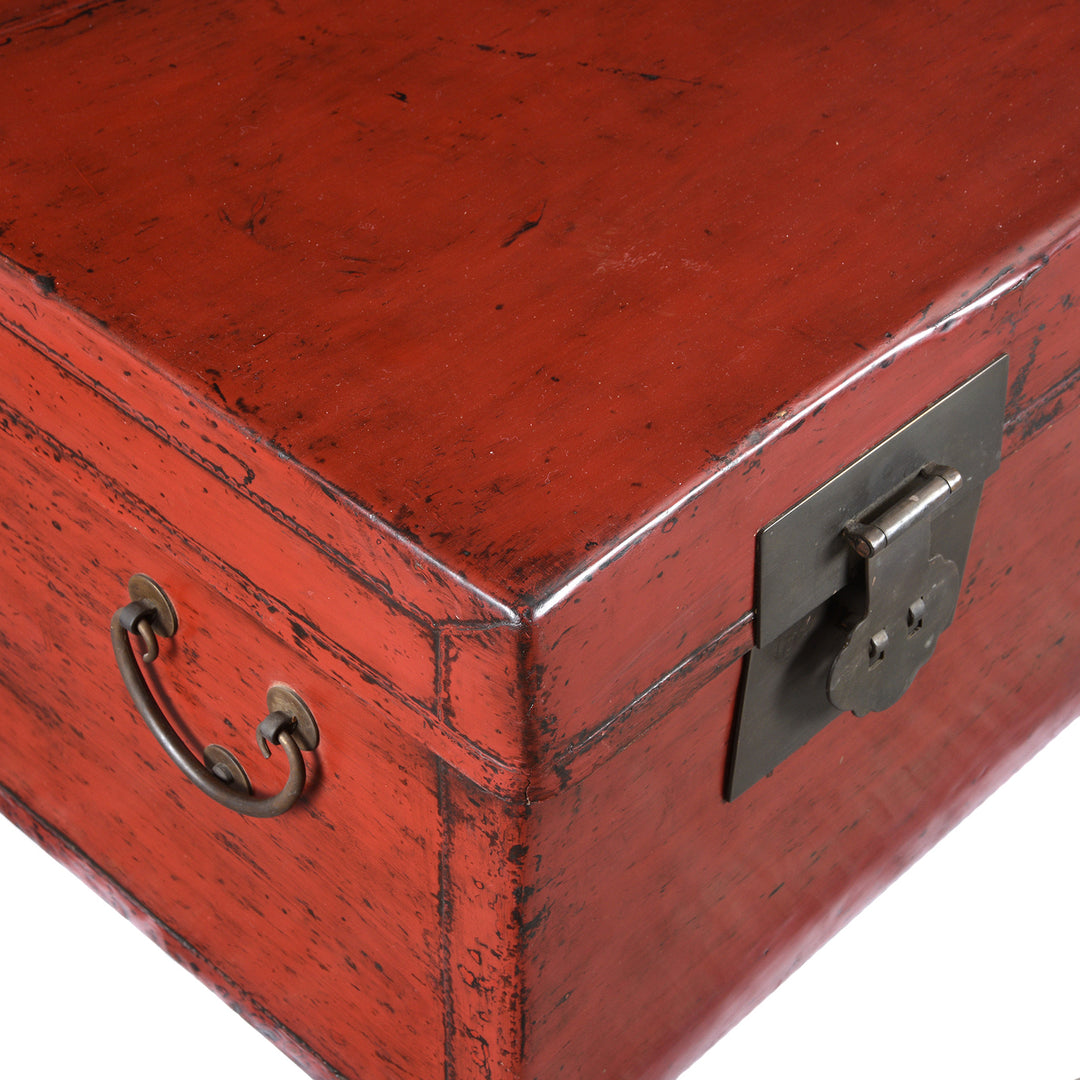Corner Detail From Antique Red Leather Chinese Trunk And Stand From Shanghai - Early 20thC | Indigo Antiques