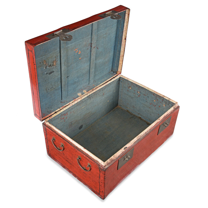 Open Lid View Of Antique Red Leather Chinese Trunk And Stand From Shanghai - Early 20thC | Indigo Antiques