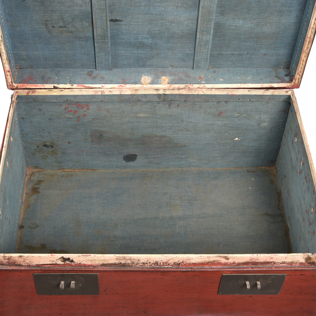 Interior Of Antique Red Leather Chinese Trunk And Stand From Shanghai - Early 20thC | Indigo Antiques