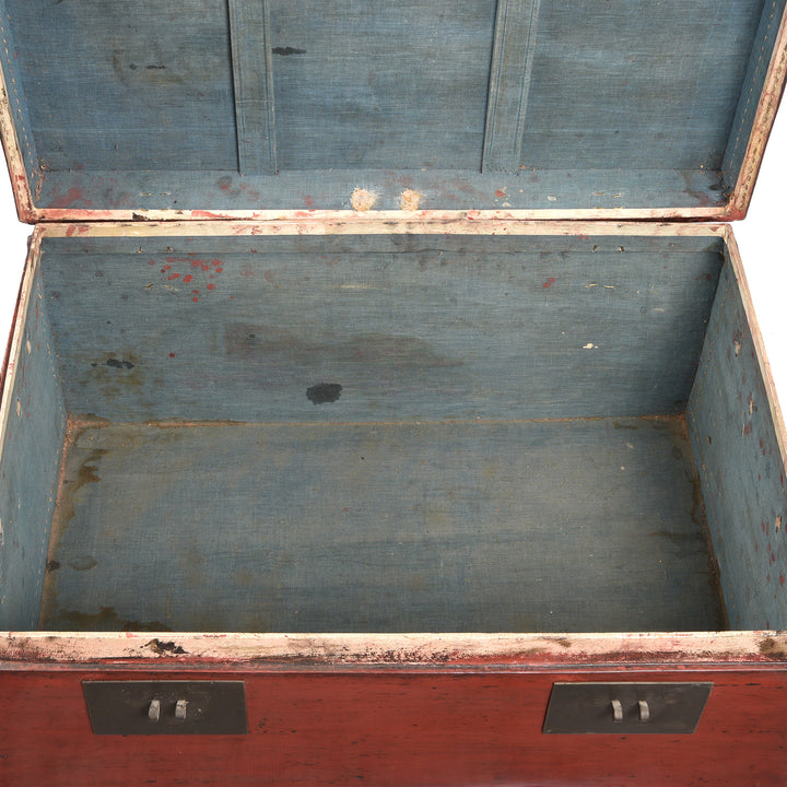 Interior Of Antique Red Leather Chinese Trunk And Stand From Shanghai - Early 20thC | Indigo Antiques