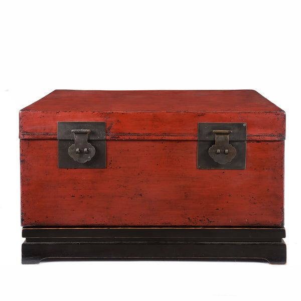 Red Leather Chinese Trunk From Shanghai - Early 20thC
