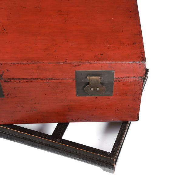 Red Leather Chinese Trunk From Shanghai - Early 20thC