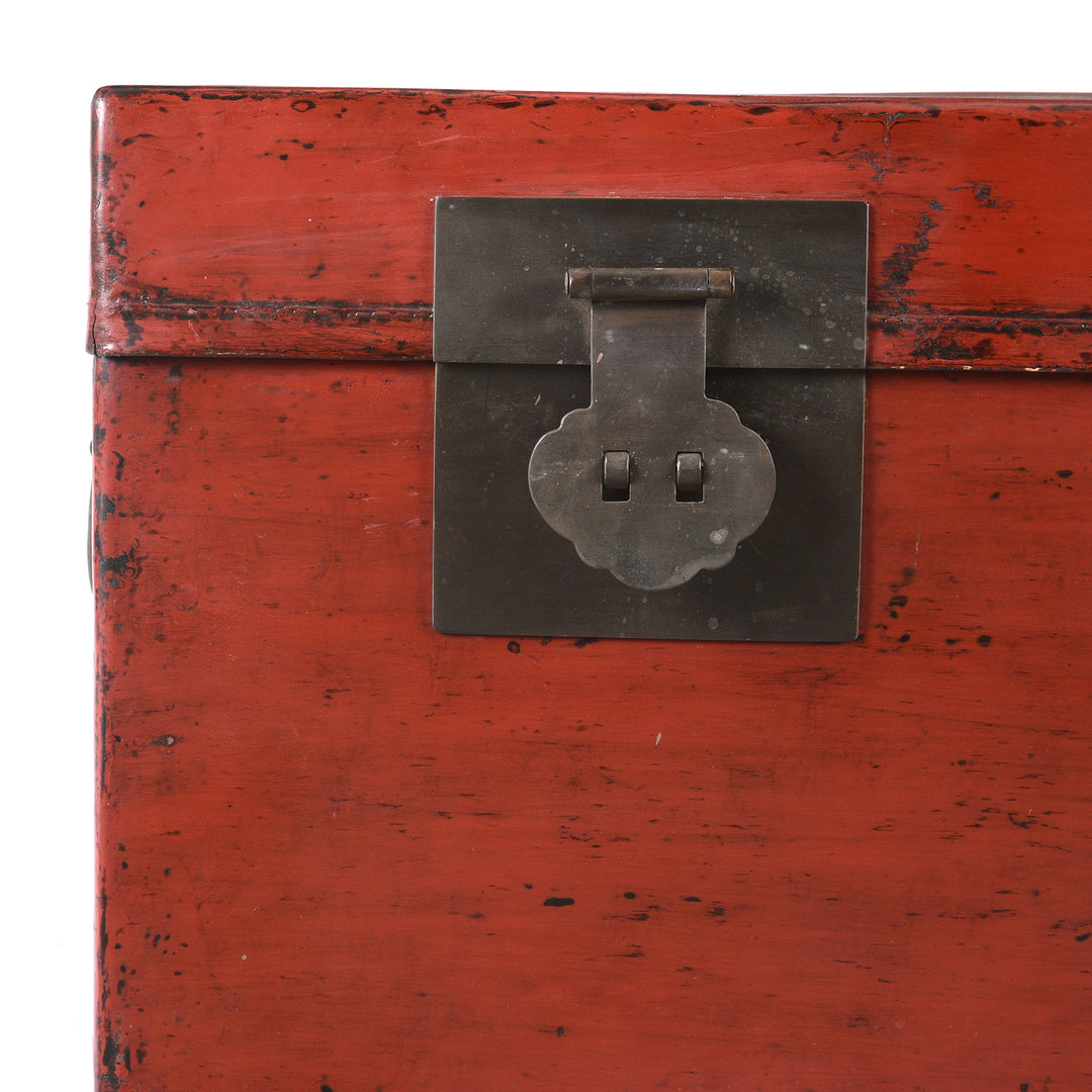 Latch Detail From Antique Red Leather Chinese Trunk And Stand From Shanghai - Early 20thC | Indigo Antiques