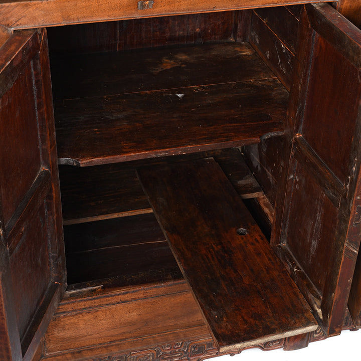 Hidden compartment detail on an Antique Chinese Shanxi Walnut (fake huanghuali) Sideboard Altar Cabinet - 18th Century | Indigo Antiques