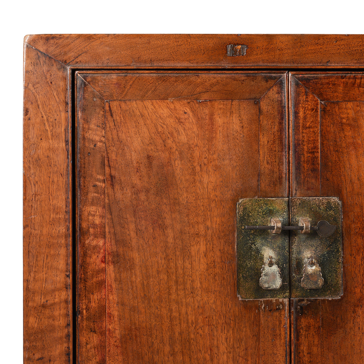 Walnut wood detail with recessed original brass on an Antique Chinese Shanxi Walnut (fake huanghuali) Sideboard Altar Cabinet - 18th Century | Indigo Antiques